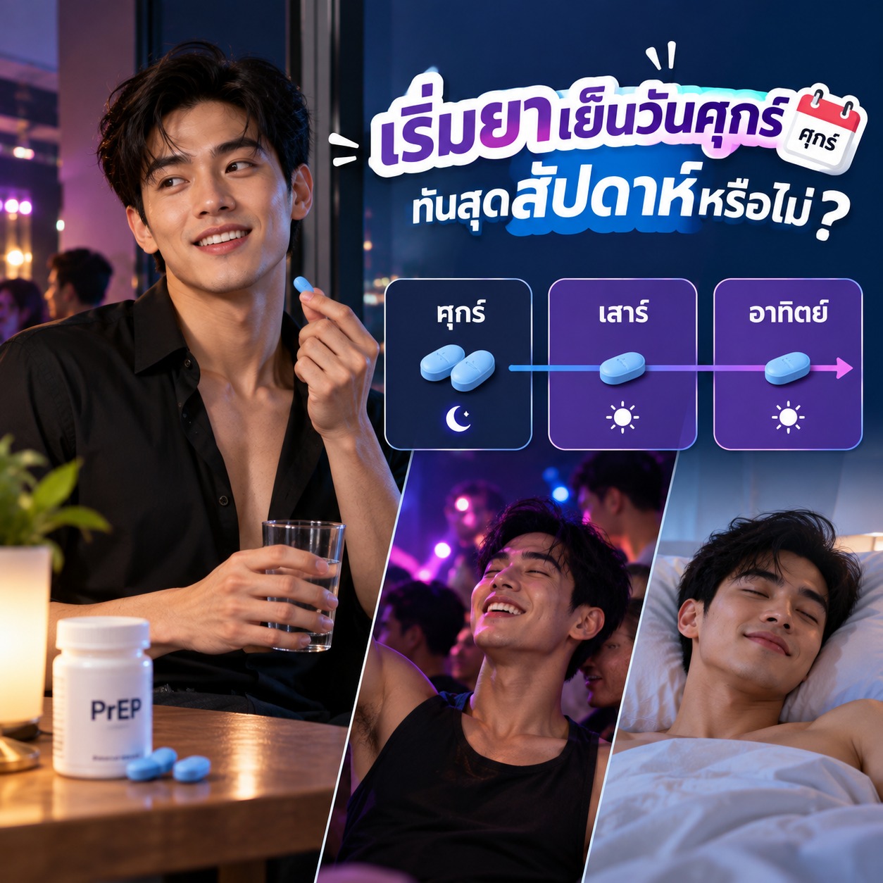 ภาพแสดงชายหนุ่มถือยา PrEP พร้อมลำดับการเริ่มยาช่วงเย็นวันศุกร์และการกินต่อในวันถัดไป เพื่ออธิบายการวางแผนใช้ PrEP ก่อนสุดสัปดาห์