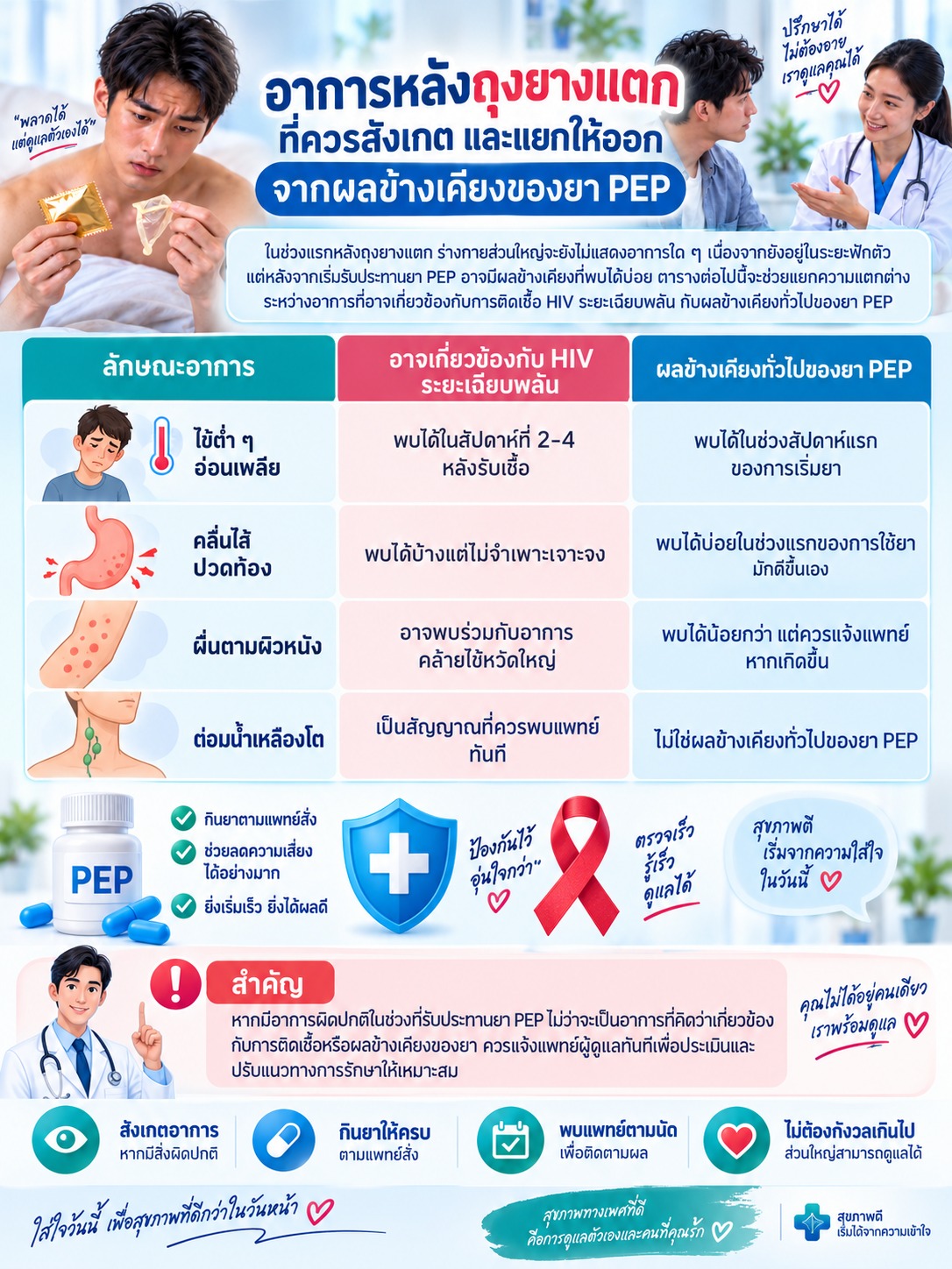 เปรียบเทียบอาการที่อาจเกี่ยวข้องกับ HIV ระยะเฉียบพลันกับผลข้างเคียงทั่วไปของยา PEP เช่น ไข้ อ่อนเพลีย คลื่นไส้ ผื่น และต่อมน้ำเหลืองโต พร้อมคำแนะนำให้พบแพทย์เมื่อมีอาการผิดปกติ